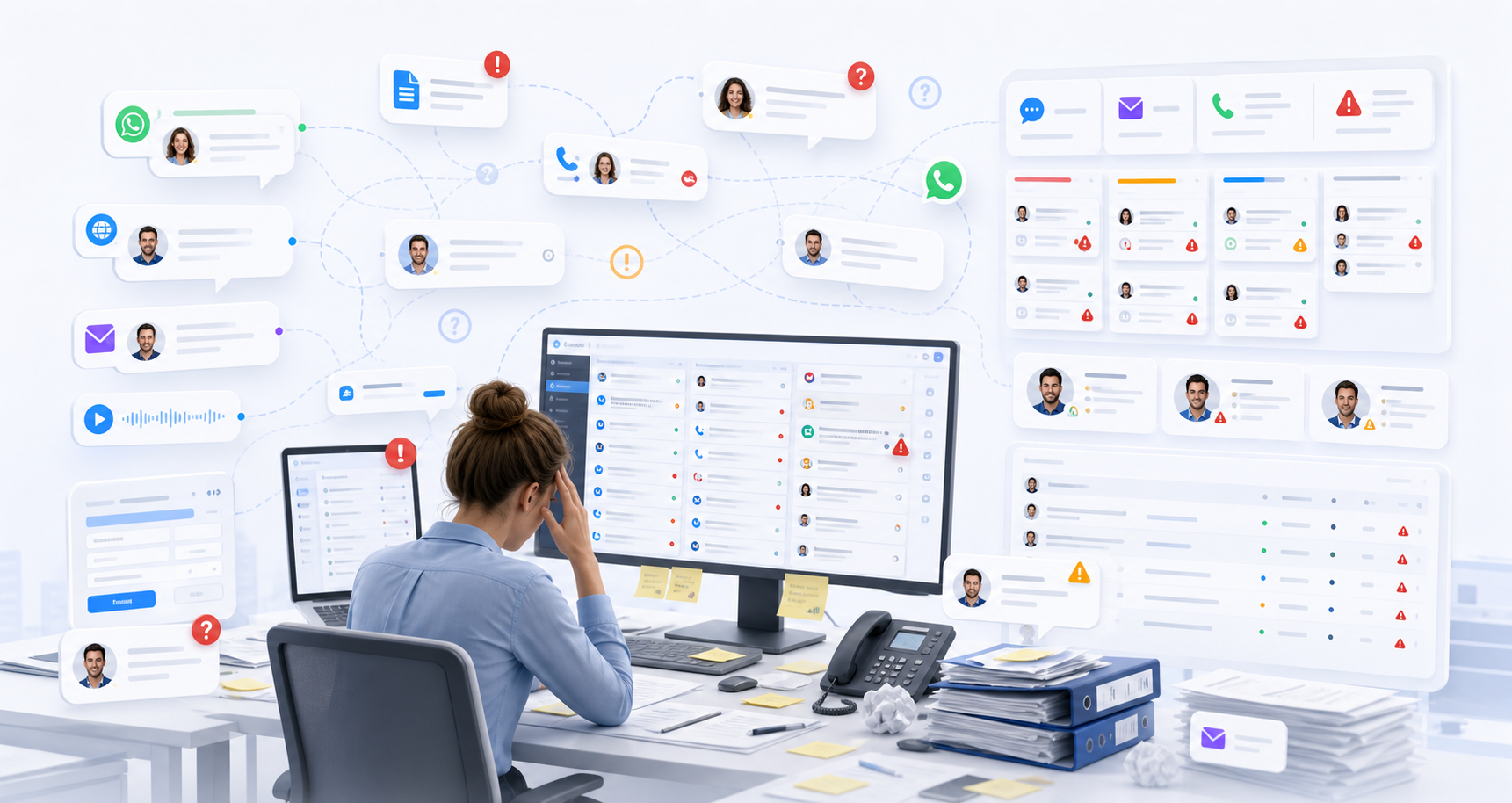 Illustration de conversations clients dispersées, tickets en attente et surcharge opérationnelle